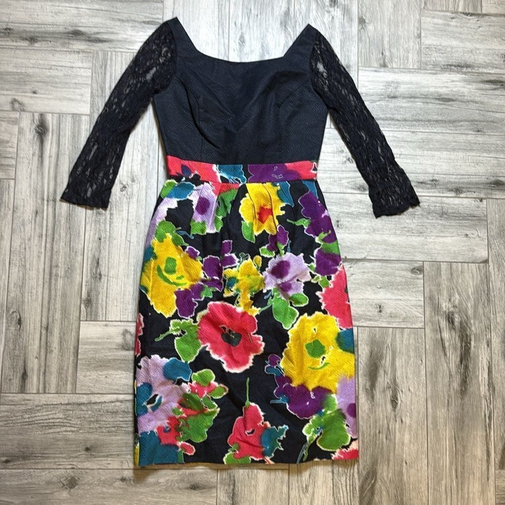 Anthropologie Tabitha Women's Black Multicolor Mixed Media Floral Dress Size 4